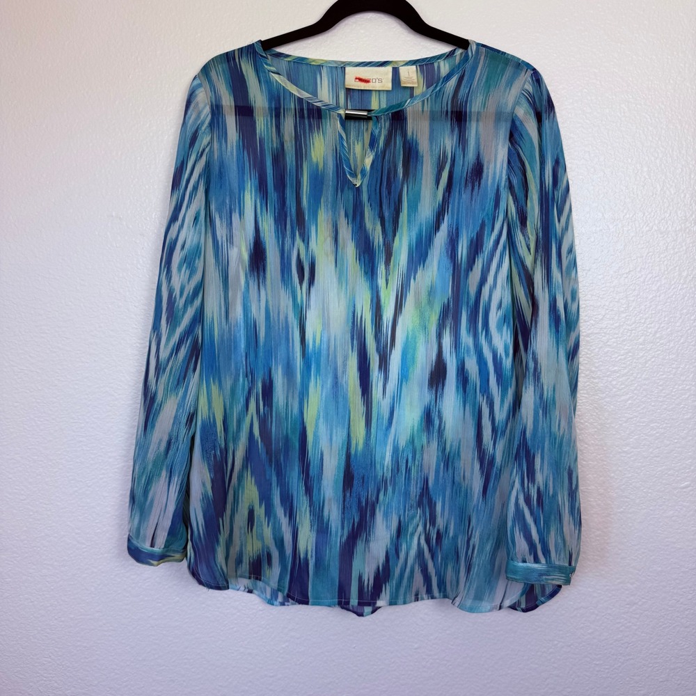 Chico's Blouse Women M Travel Blue Green Coastal‎ Ikat Abstract Keyhole Bar Top